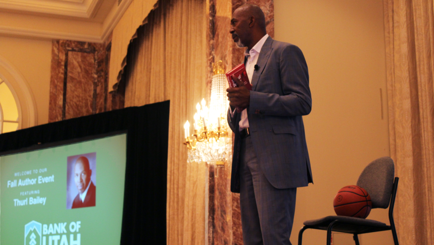 NBA Basketball star Thurl Bailey speaks to Bank of Utah guests at our Fall Author Event