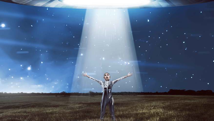 An illustrated image of a women being beamed into an alien spaceship