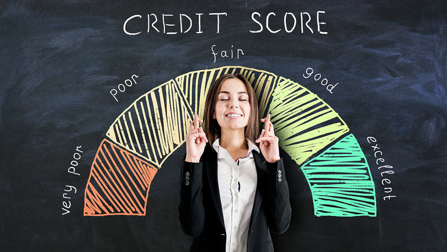 A businesswoman looks at an illustrated gauge above her noting credit scores