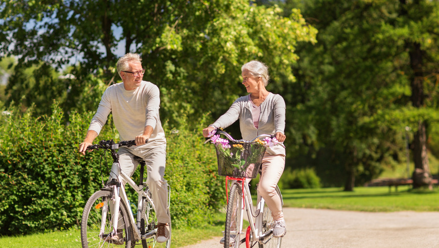 Happy adult couple rides bicycles at spring park.