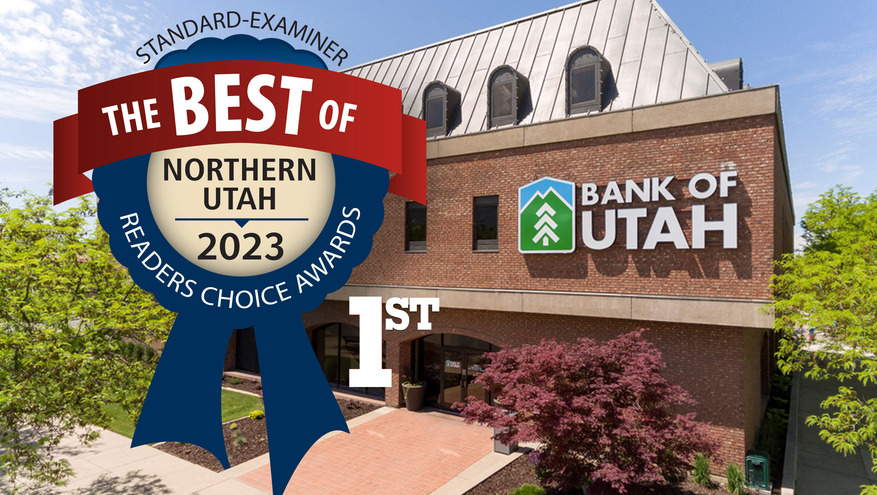 An aerial image of Bank of Utah's main branch, with a 2023 Reader's Choice Award Best Bank badge 