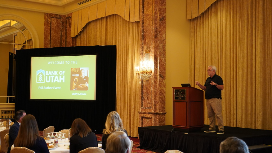 Renowned rugby coach Larry Gelwix gives opening remarks at Bank of Utah's 2023 Author Event in Salt Lake City