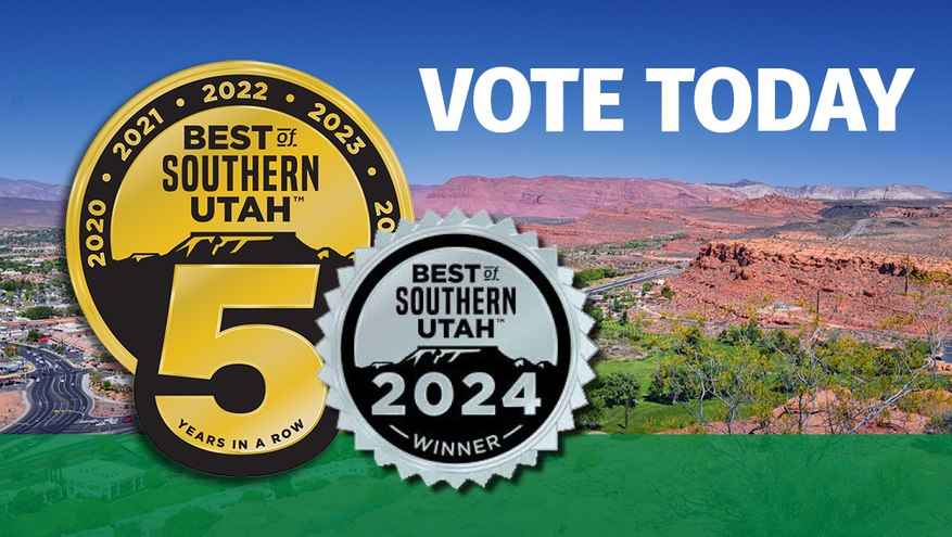 Promotional image for Bank of Utah's 'Best of Southern Utah 2024' voting. Features a scenic red rock background, award badges for past wins (2020-2024), and a 'VOTE TODAY' call to action.	