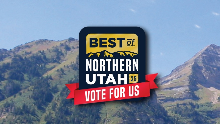 Best of Northern Utah 25’ badge with a red ribbon stating ‘Vote for Us,’ set against a scenic mountain.