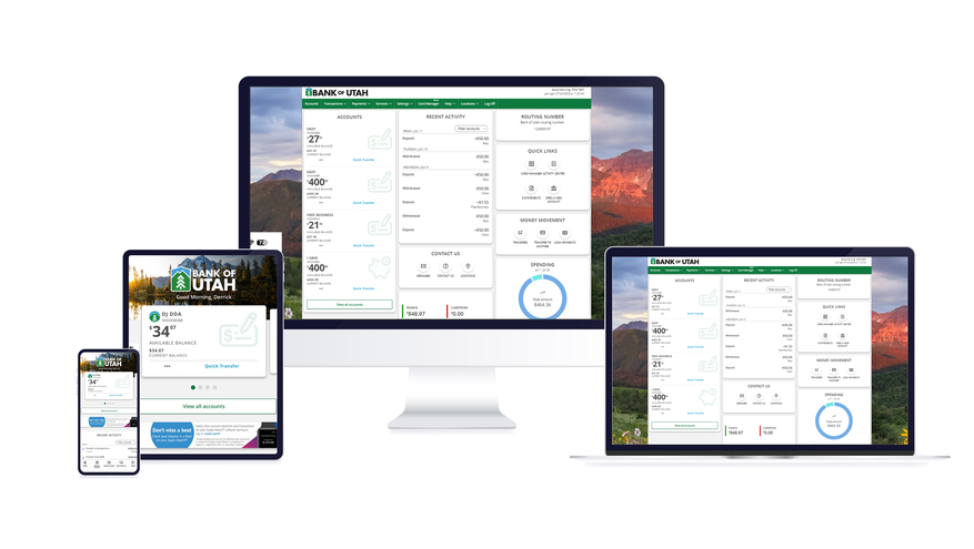 Bank of Utah's online banking dashboard displayed on multiple devices, including a smartphone, tablet, laptop and desktop monitor	