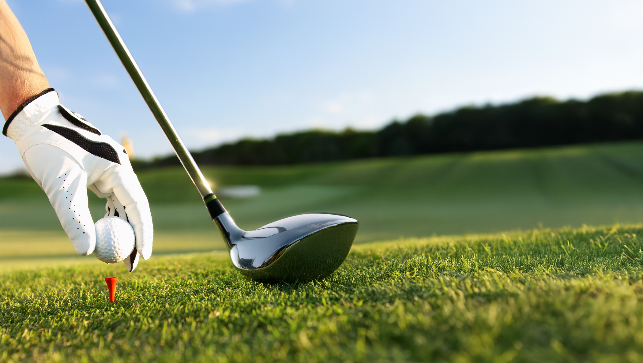 Golfer preparing to drive ball down fairway
