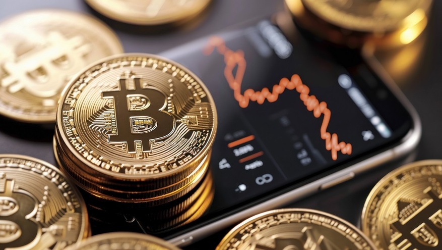 Cryptocurrency Bitcoin coins with a smartphone showing a price chart.