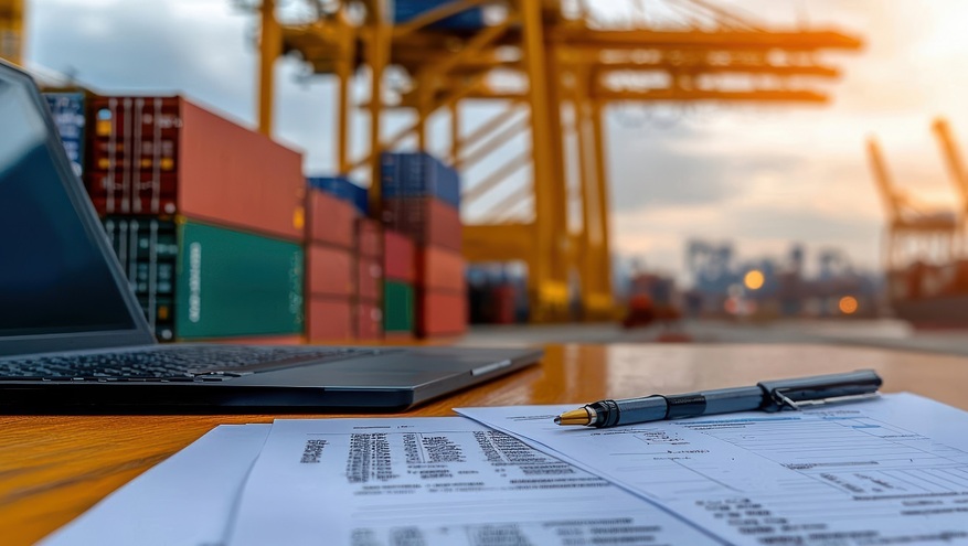Close-up of trade documents, pen, and laptop on a desk with shipping containers and cranes in the background, symbolizing the impact of tariffs on global trade.	