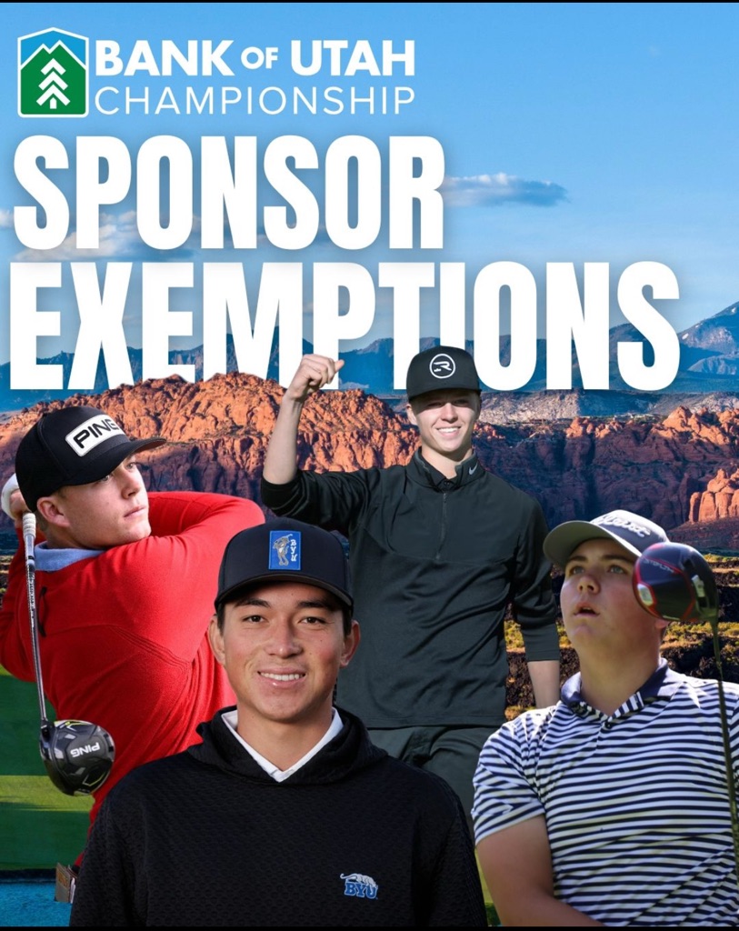 Four Utah golfers stand before a red rock landscape and bright blue sky in a promotional graphic for the Bank of Utah Championship.