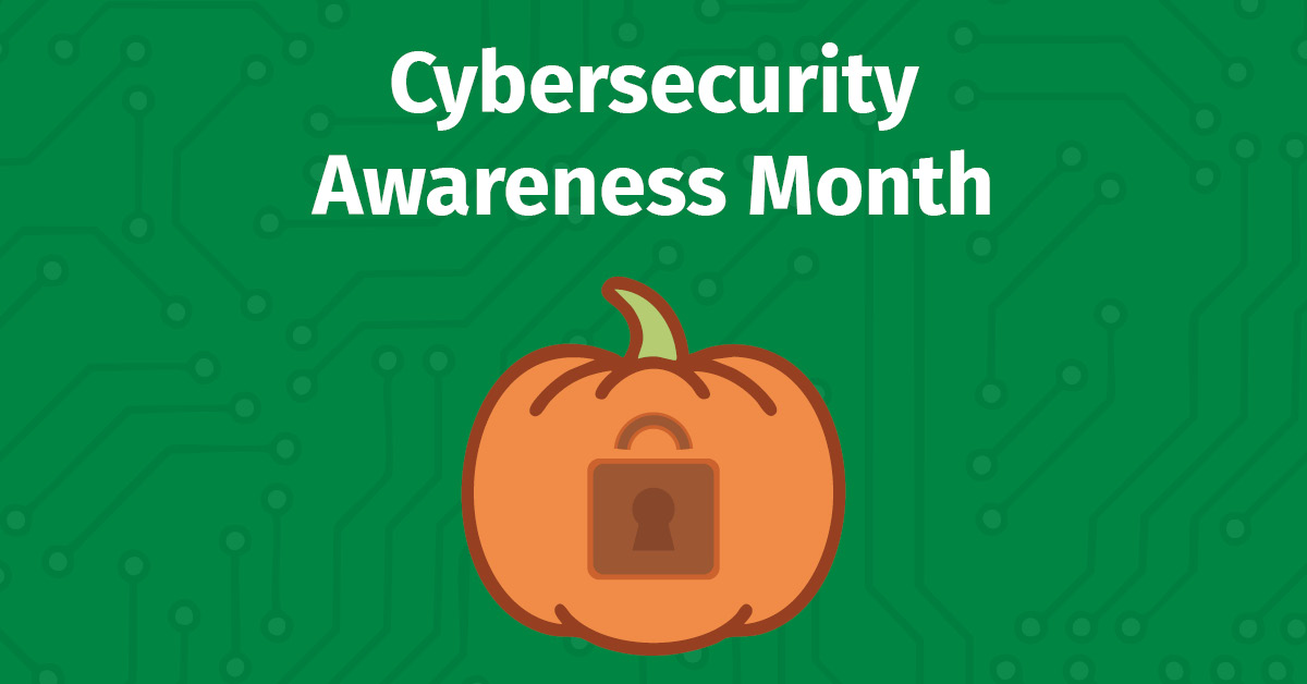 Cybersecurity Awareness Month graphic with a pumpkin and lock