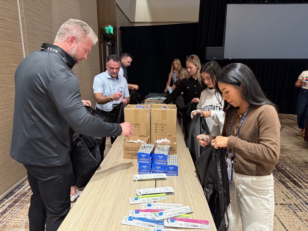 Volunteers assembling hygiene kits