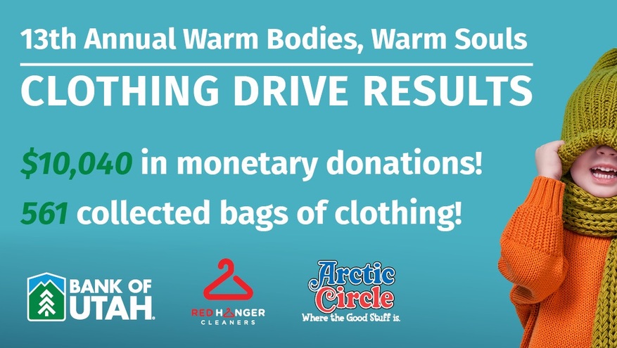 A young child in a knit hat and sweater, next to text announcing results of the 13th Annual Warm Bodies, Warm Souls clothing drive: $10,040 in monetary donations and 561 bags of clothing collected	