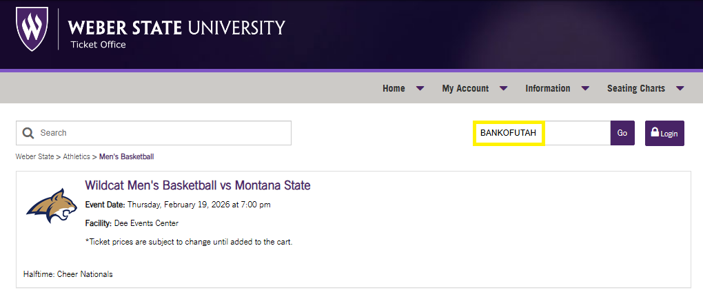 Screenshot of Weber State Ticket Office page showing where to enter promo code BANKOFUTAH for free basketball tickets.