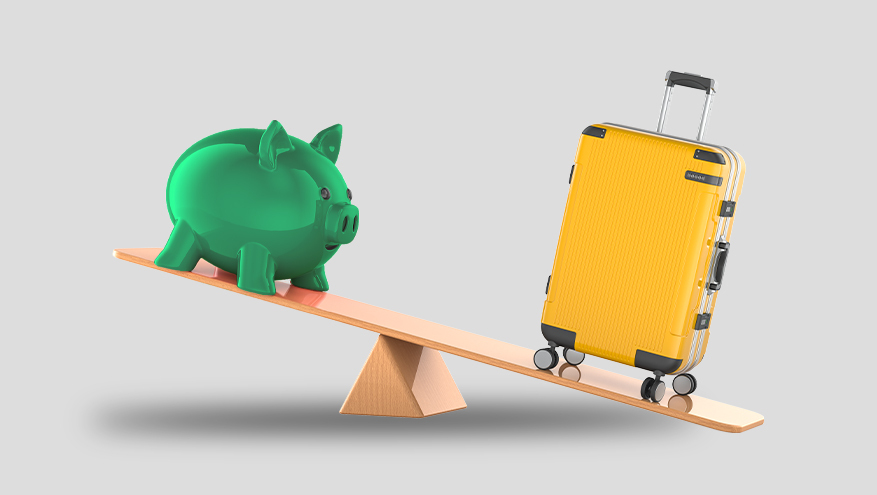 A 3D illustration of a green piggy bank and a yellow suitcase on a balance board. The suitcase side is heavier and tilts downward, symbolizing the financial weight of travel.