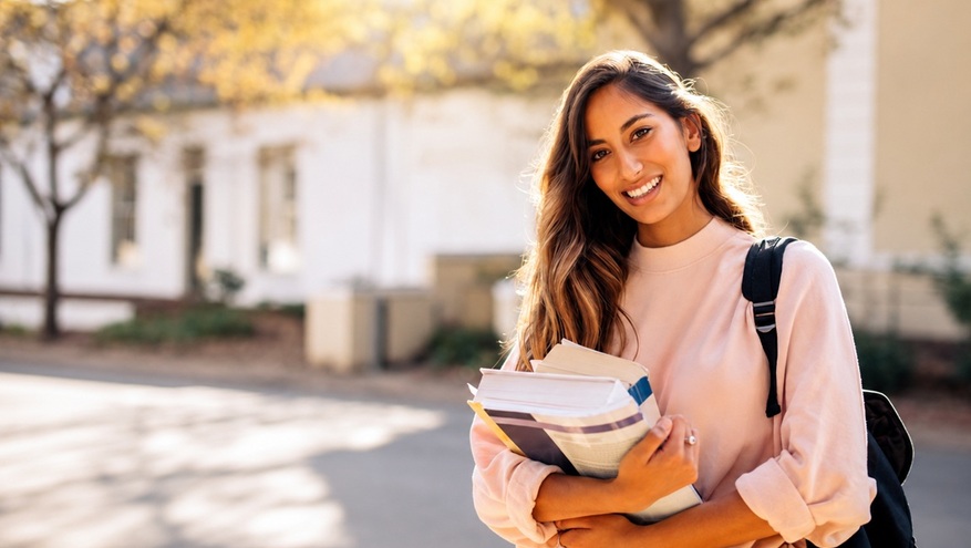 Young woman carrying books and wearing a backpack while walking outdoors on a college campus.