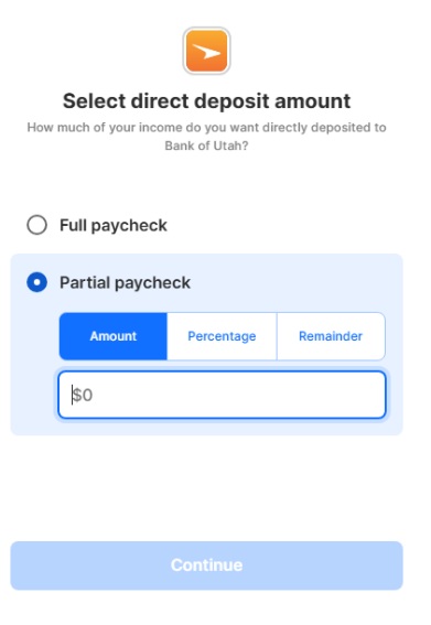 Partial paycheck deposit screen