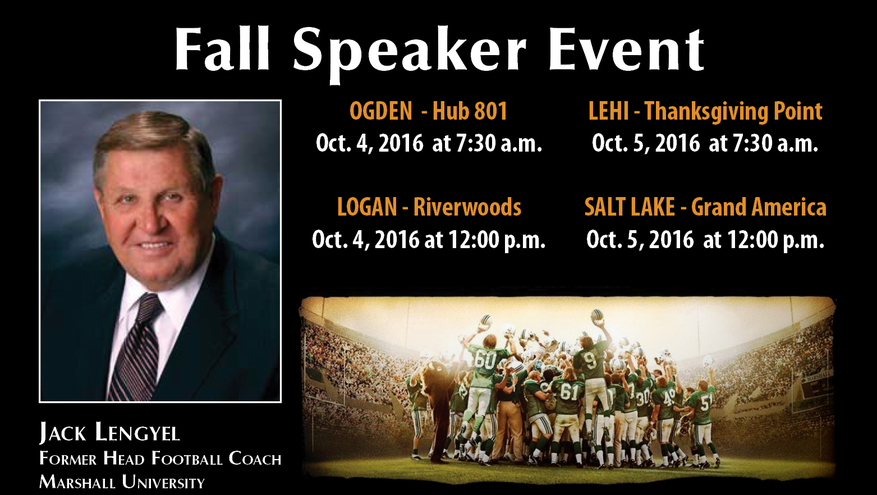 Picture of Jack Lengyel, former Marshall University head football coach. Bank of Utah Fall 2016 speaker event.