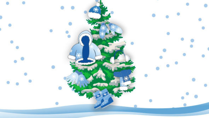 Vector image of snowy Christmas scene with the tree being built from winter clothing.