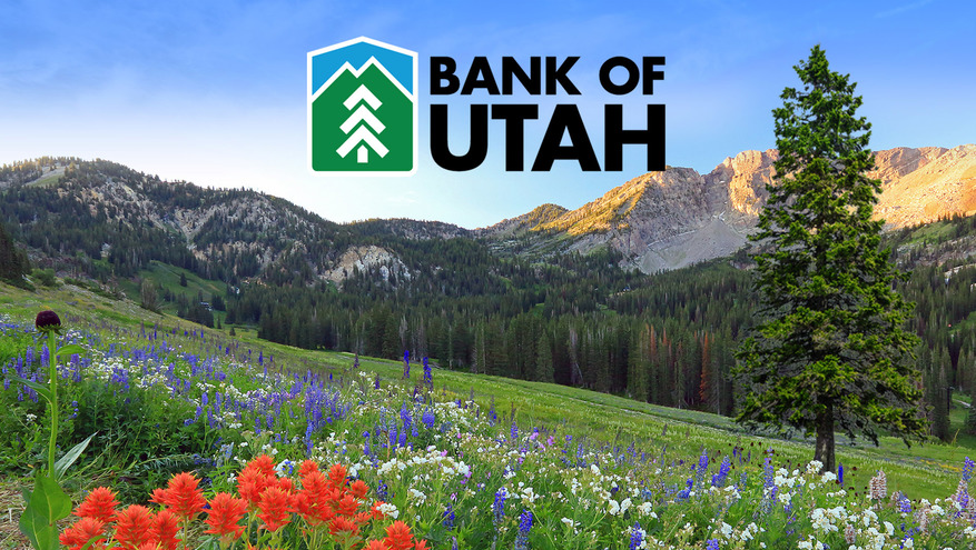 Bank of Utah logo with flower covered mountain scene in the background.