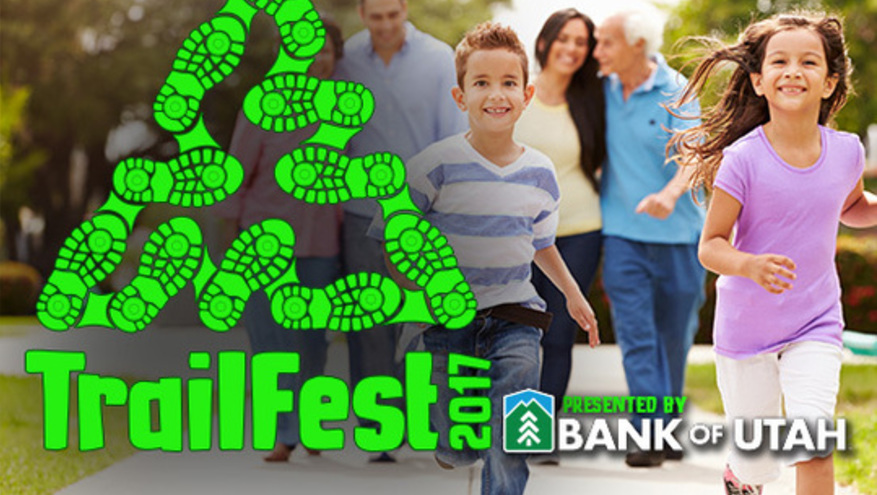 Trailfest 2017 event ad presented by Bank of Utah -  with two children running and adults walking in the background.