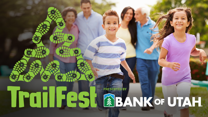 Trailfest presented by Bank of Utah promotional banner. Children, parents and grandparents all walking and running on trail together.