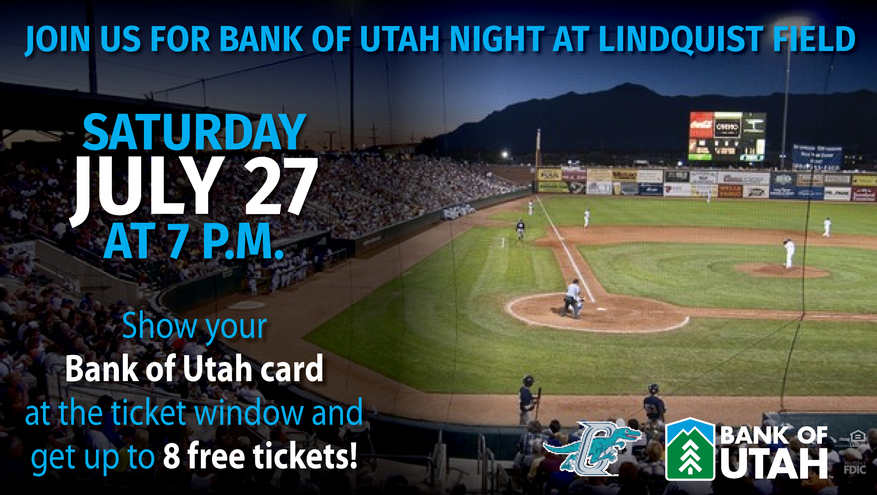 Picture of Ogden Raptors baseball team playing at Lindquist Field with details about Bank of Utah night on July 27, 2019 at 7pm.