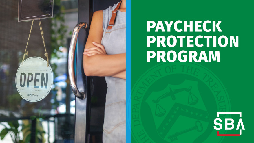 Photo of a female business owner outside of her shop with an open sign in the window and the words Paycheck Protection Program along side.