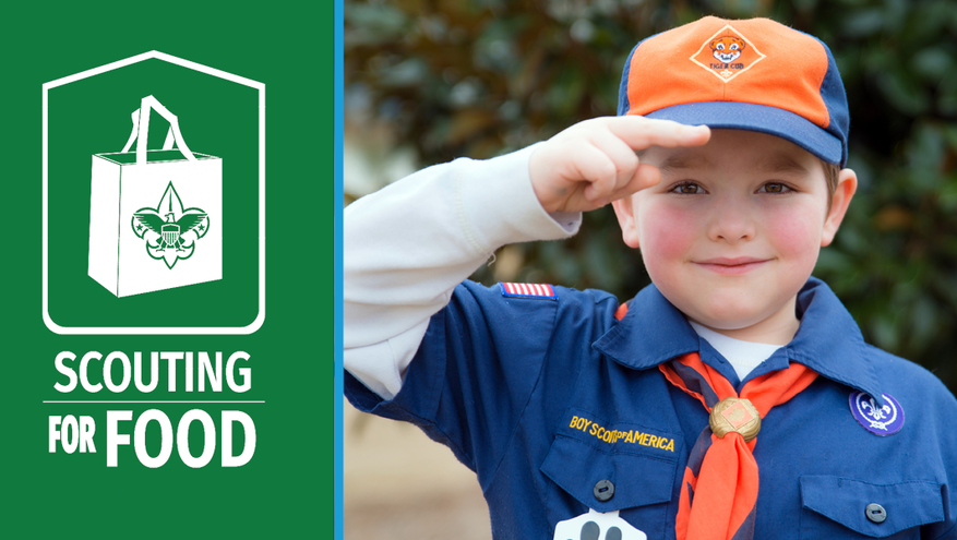 A photo of a young Boy Scout in uniform appears next to the Scouting for Food grocery bag logo